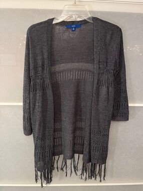 Gray Open-Front Fringe Knit Cardigan